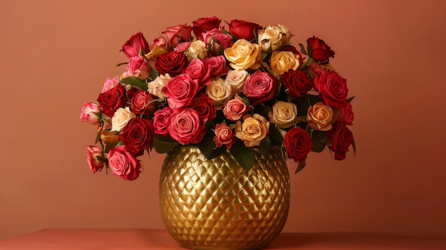 Złoty wazon wypełniony kolorowymi kwiatami w wspaniałym widoku
