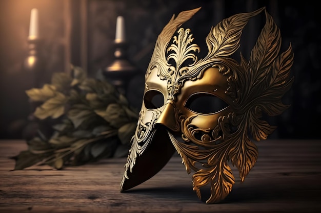 Zdjęcie złoty weneckie maski na drewnianym stole