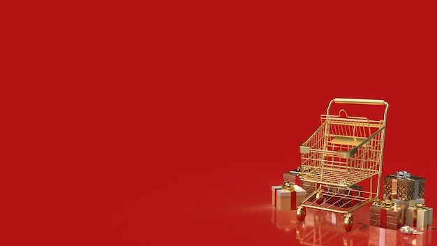 Złoty wózek na zakupy i pudełko na prezenty do świętowania lub koncepcji biznesowej renderowania 3d