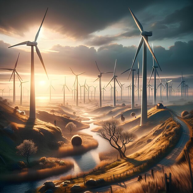 Zdjęcie złoty wschód słońca nad turbinami wiatrowymi w malowniczej dolinie