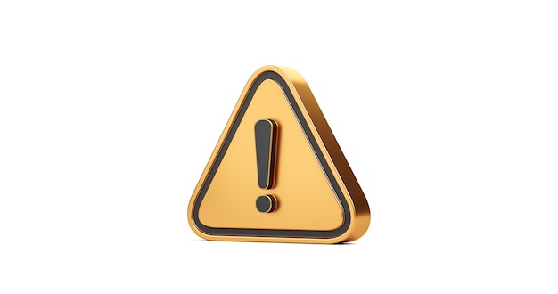 Złoty wykrzyknik symbol i ikona znak uwagi lub uwagi na białym tle na alert niebezpieczeństwo problem białe tło z ostrzeżeniem koncepcja graficzny Płaska konstrukcja. Renderowanie 3D.
