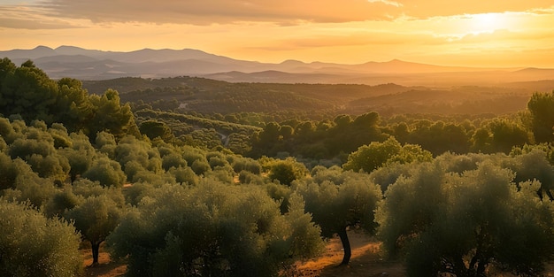 Złoty zachód słońca nad gajami oliwnymi spokojny krajobraz kąpany w ciepłym świetle idylliczny wiejski spokój przedstawiony na zdjęciu idealny do podróży i tematów przyrody AI