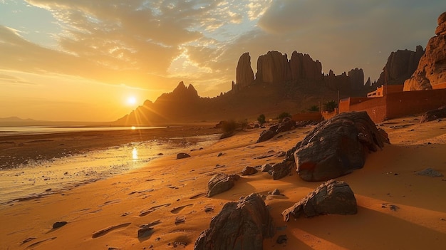 Złoty zachód słońca nad pustynią z majestatycznymi formacjami skalnymi i spokojną wodą