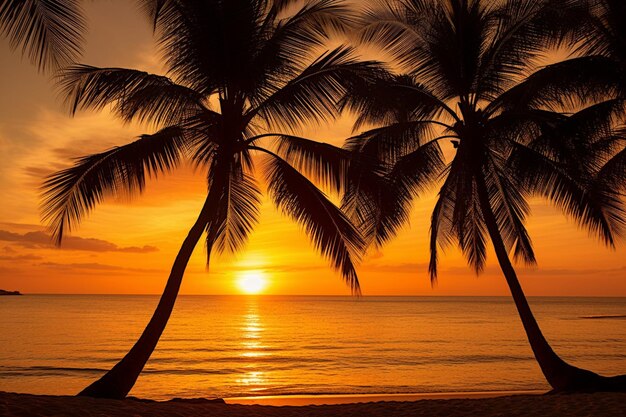 Zdjęcie złoty zachód słońca nad spokojną plażą z sylwetkami palm