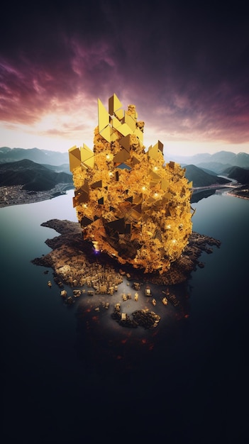 Złoty zamek na wyspie z purpurowym niebem i purpurowym niebem.