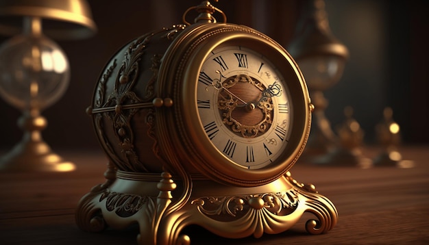 Złoty zegar na drewnianym stole renderowania 3D steampunk