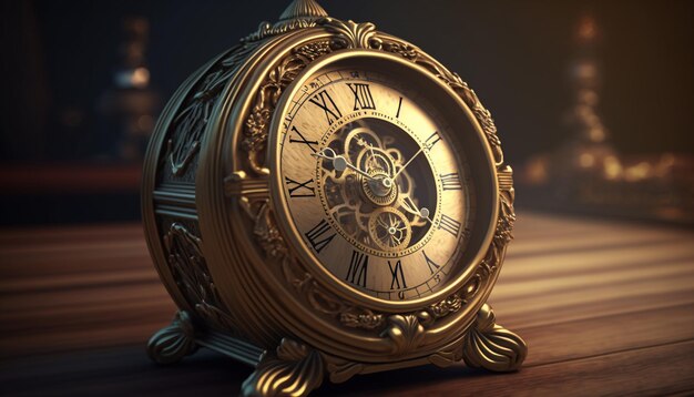 Złoty zegar na drewnianym stole renderowania 3D steampunk