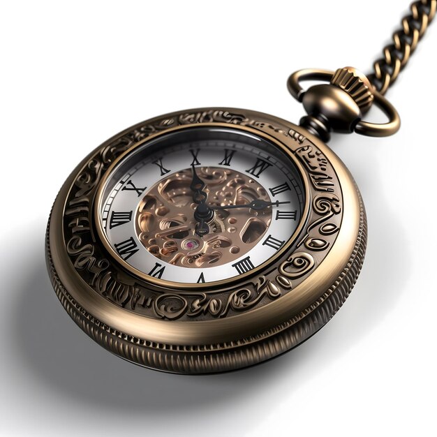 Złoty zegarek kieszonkowy z cyframi rzymskimi jest wyświetlany na białym tle.