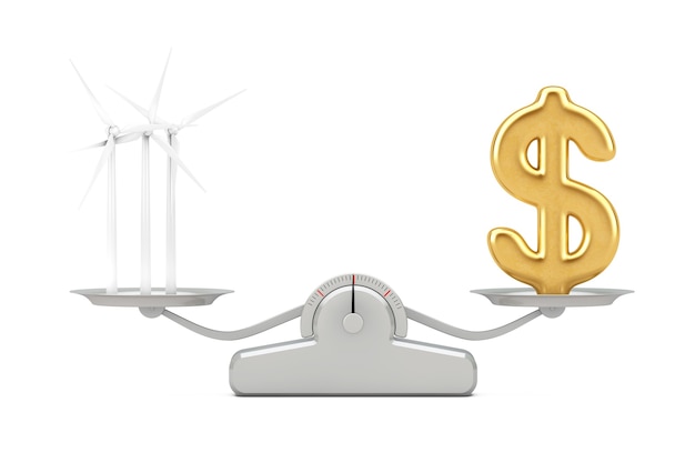 Złoty znak dolara z turbin wiatrowych Wiatraki równoważenia na prostej skali ważenia na białym tle. Renderowanie 3D