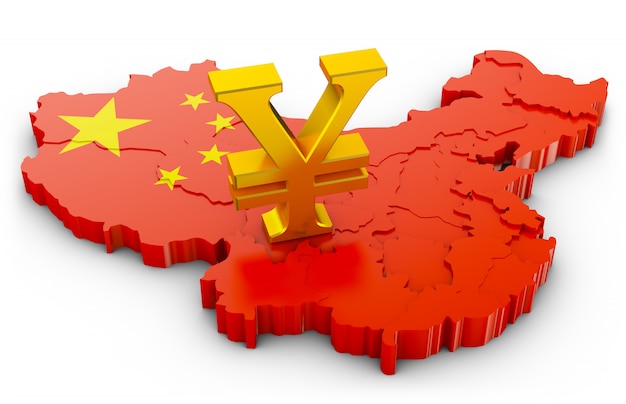 Złoty znak juana na mapie Chin. Renderowania 3d.