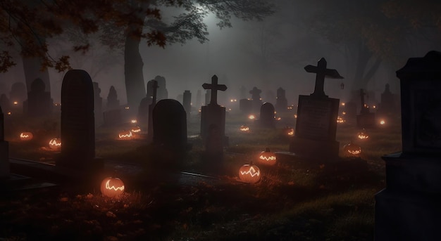 Złowrogie dynie świecą nocą na cmentarzu