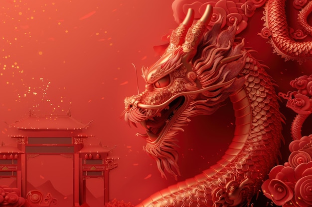 Złożona cyfrowa ilustracja czerwonego smoka przedstawiona w żywym tradycyjnym chińskim stylu artystycznym
