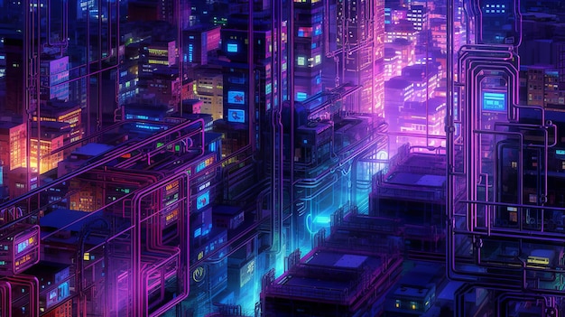 Złożona Sieć Komponentów Elektronicznych Naśladująca Urbanistyczny Układ Oświetlony Neonowymi Akcentami Dla Efektu Cyberpunka.