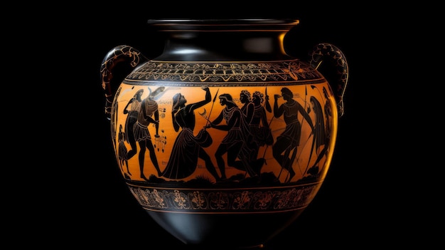 Złożone czarne figury ceramiczne na greckich amforach przedstawiają epickie sceny bitew