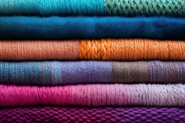 Złożone kolorowe dziane swetery są ułożone jeden na drugim