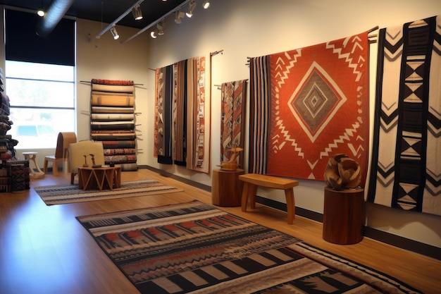 Złożone wzory dywanów Navajo na wystawie stworzone za pomocą generatywnej sztucznej inteligencji