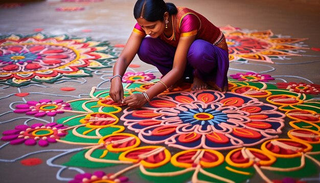 Zdjęcie złożone wzory i żywe kolory gudi padwa rangoli