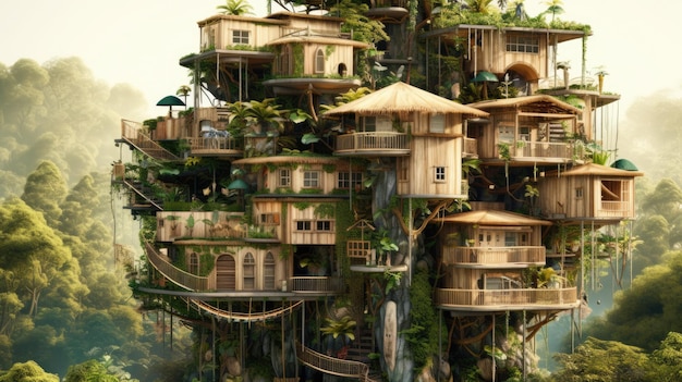 Złożony dom na drzewie z wieloma piętrami w tropikalnej dżungli Generatywny obraz AI AIG30