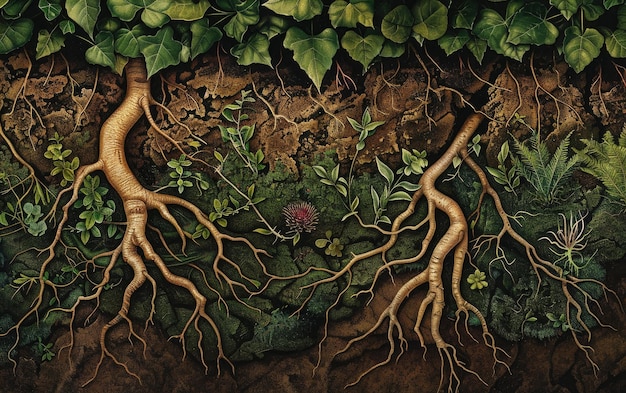 Złożony ekosystem korzeni drzew łączący podziemne cuda