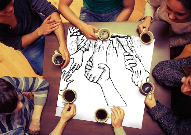 Zdjęcie złożony obraz bankructwa i długu doodle z pomocnymi rękami na stronie z ludźmi siedzącymi wokół stołu i pijącymi kawę