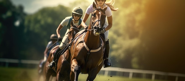 Zdjęcie złożony obraz młodych kaukaskich przyjaciółek cieszących się jazdą konną na ranczo reprezentujących wspólnotę zwierząt, sporty jeździeckie i zawody