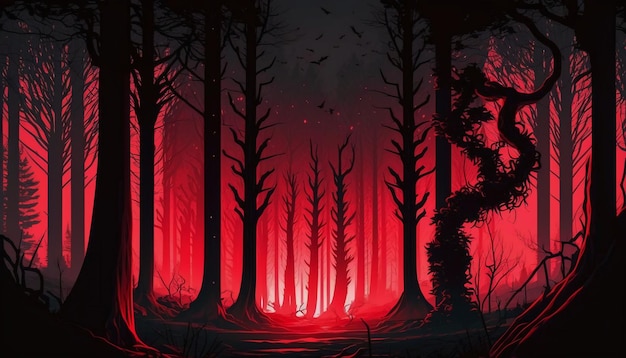 Zły las czerwone oświetlenie ciemne.