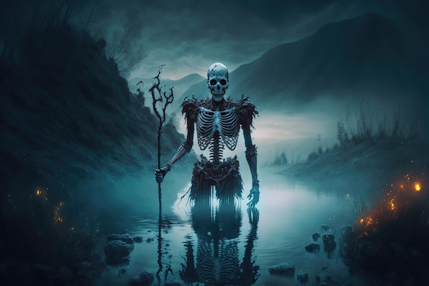 Zły martwy szkielet wychodzi ze stawu na bagnach Okropny żywy martwy szkielet utonął Odbicie w wodzie nocny zmierzch