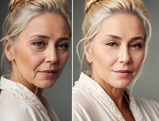 Zmarszczki twarzy kobiety przed i po leczeniu