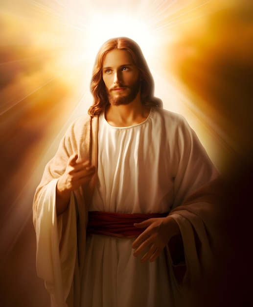 Zmartwychwstały Jezus Chrystus wyciąga rękę i modli się w niebie