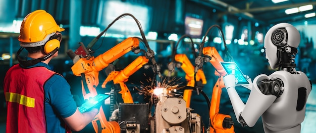 Zmechanizowany Robot Przemysłowy I Pracownik Ludzki Współpracujący W Przyszłej Fabryce