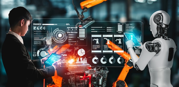 Zmechanizowany robot przemysłowy i pracownik ludzki współpracujący w przyszłej fabryce