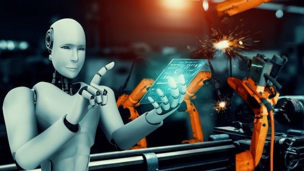 Zmechanizowany robot przemysłowy i ramiona robotów do montażu w produkcji fabrycznej.