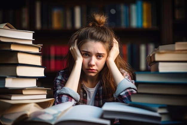 Zdjęcie zmęczona studentka siedzi z stosem książek, czując się przytłoczona obciążeniem pracą.