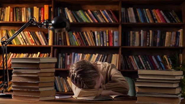 Zmęczona uczennica śpi kładąc głowę na zeszycie wśród stosów książek na drewnianym stole przed regałem pod światłem elektrycznym późnym wieczorem w domu