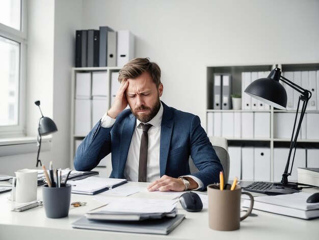 Zmęczony biznesmen używający laptopa w biurze Problemy z bólem głowy zmęczenie wypalenie w pracy