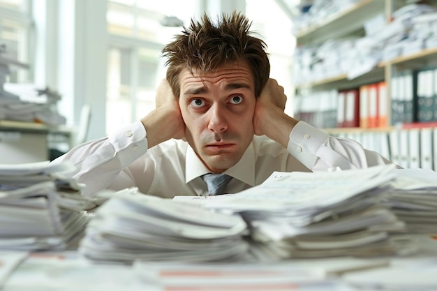 Zdjęcie zmęczony mężczyzna w koszuli pracujący w biurze przed stosem papierów