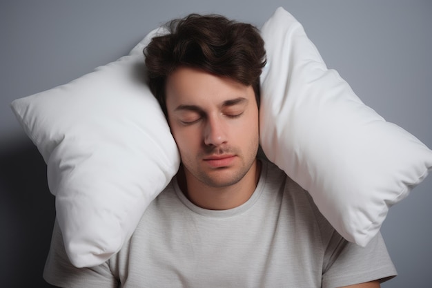 Zmęczony mężczyzna zakrywający uszy poduszką na jasno szarym obudzony deficyt stres dżentelmen narządy generują Ai