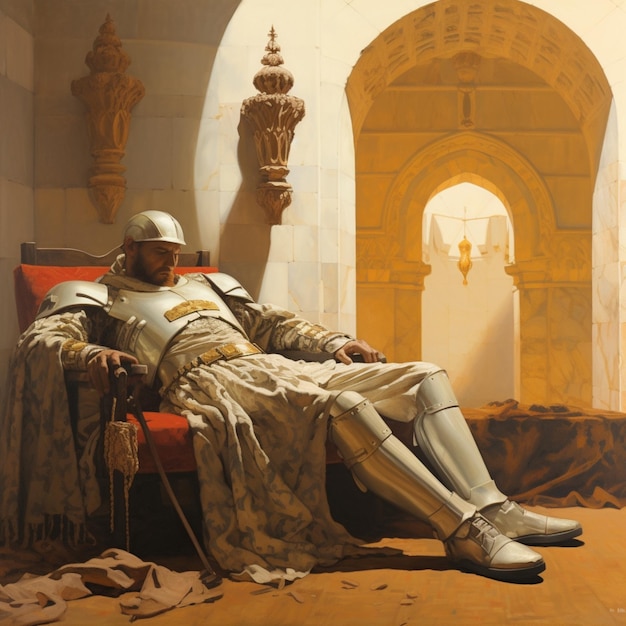 Zmęczony średniowieczny dowódca siedzący w białej sukience