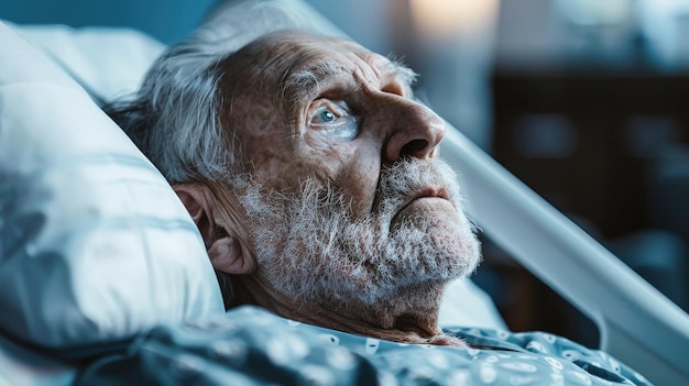 Zmęczony stary człowiek leży na szpitalnym łóżku otoczony sprzętem medycznym i słabym blaskiem lampy nocnej jego zmarszczone ręce chwytają wyblakłe zdjęcie