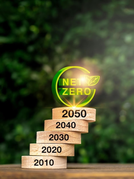 Zmniejszenie emisji dwutlenku węgla do zera netto do roku 2050 ograniczenie emisji dwucifernego węgla ograniczenie zmiany klimatu koncepcja globalnego ocieplenia 3d Net Zero ikona na okrągłych blokach drewnianych stos z 2010 do 2050 lat na drewnianym tle