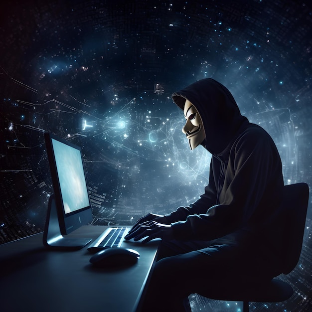 Zmodernizowany haker z bluzą z kapturem Koncepcja ciemnej sieci cyberprzestępczości cyberataku AI wygenerowany obraz