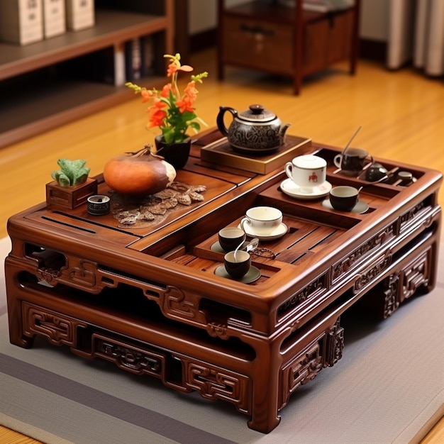 znajduje się drewniany stół z tacą z filiżankami do herbaty i czajnikami generatywnymi ai