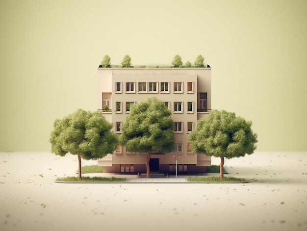 znajduje się mały model budynku z drzewami z przodu generatywnego AI