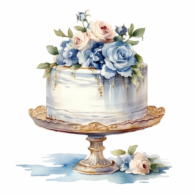 Zdjęcie znajduje się na nim akwarela przedstawiająca tort z niebieskimi kwiatami generatywną ai