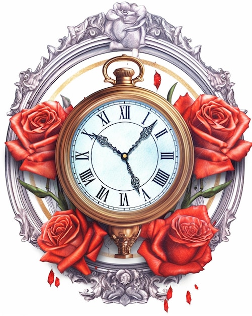 Znajduje się na nim zegar z różami i otoczona różową obwódką generatywną ai