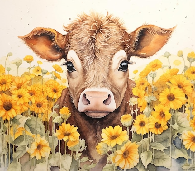 znajduje się obraz przedstawiający krowę na polu słoneczników generatywnych ai