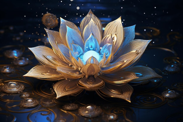 Znajduje się tam złoty kwiat z niebieskim środkiem otoczony przez ai generującą wodę