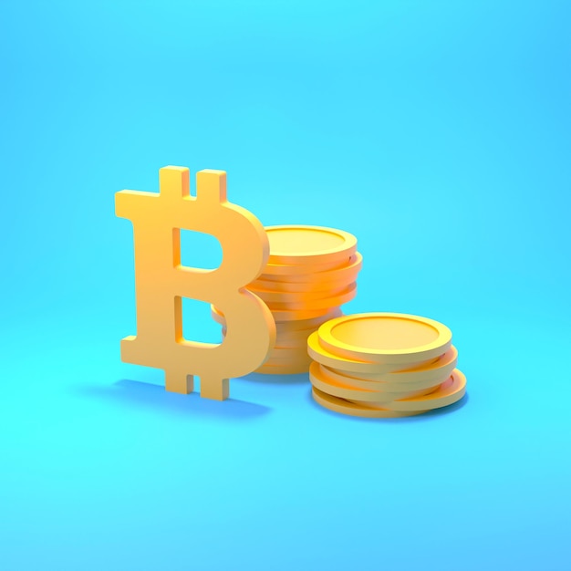 Znak Bitcoin i stos monet na niebieskim tle. Cashback, oszczędność pieniędzy, koncepcja transakcji finansowych. ilustracja renderowania 3D.