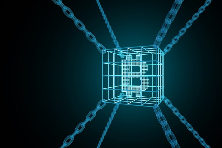 Zdjęcie znak bitcoin zamknięty w łańcuszki. koncepcja łańcucha bloków.
