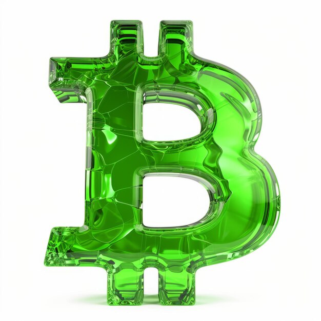Znak bitcoina z zielonego szkła izolowany na białym tle